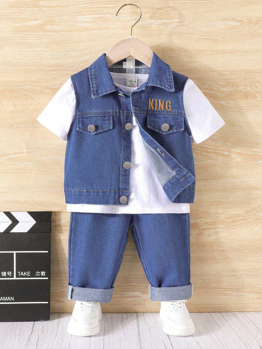 SHEIN 3 Piezas/set Chaleco De Mezclilla Con Bordado De Letras Para Niños Pequeños Con Pantalones Largos Y Camiseta De Capa Base - Azul - Ver 1