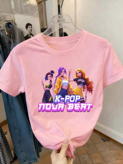 SHEIN 1pc Cute Kpop Girl Cartoon Character Print Loose Fit Pink Short Sleeve Top, Suitable For Tween Girls, Great For Seasonal Wear Spring, Summer, Autumn, Winter, Perfect Christmas Gift For Girls