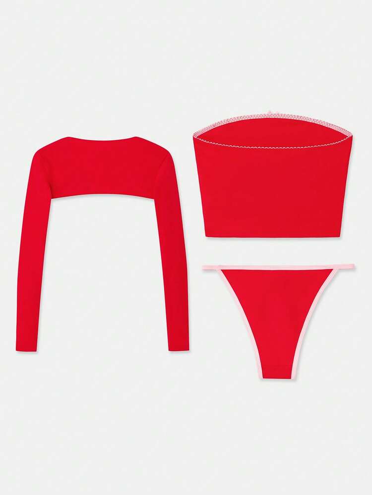 Ensemble de lingerie rouge avec crop top, boléro et culotte assortie en rouge et rose, sexy et confortable