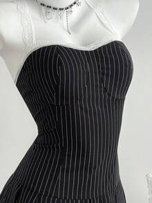 Elamini Đầm ngắn kiểu Y2K kẻ sọc phối màu tương phản, viền ren dành cho nữ - Đen và trắng - Xem 5