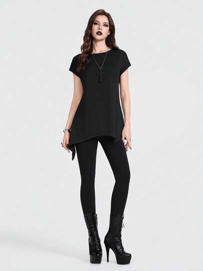 Breakform Gothic Punk Black Lace Sexy Elegant  Music Festival  Minimalist Gothic Women's Gothic Style Casual Round Neck Bat Sleeve Asymmetrical Hem Loose T-Shirt