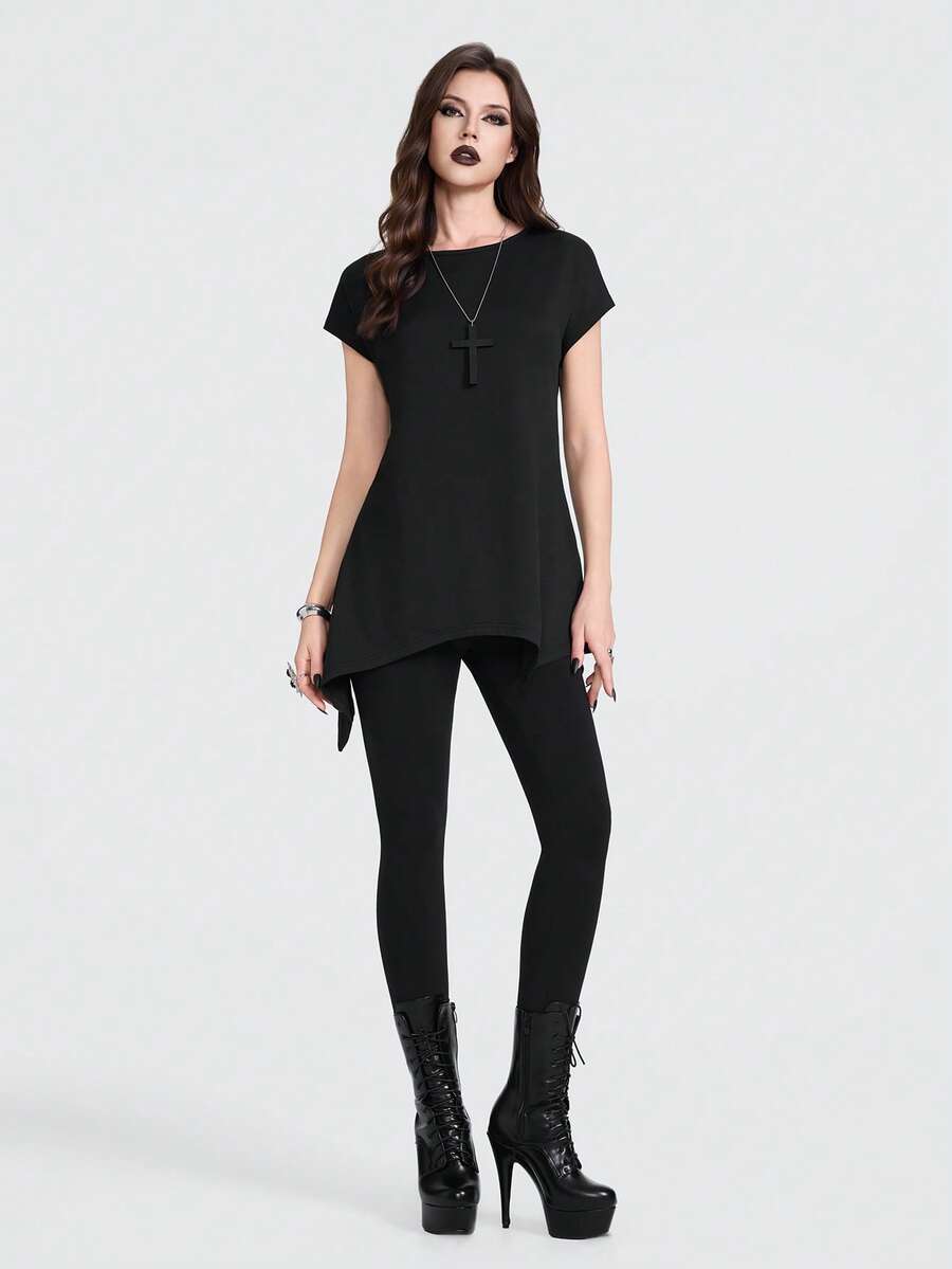 Breakform Áo thun nữ phong cách Gothic cổ tròn tay cánh dơi vạt lệch dáng rộng - màu đen - Xem 1