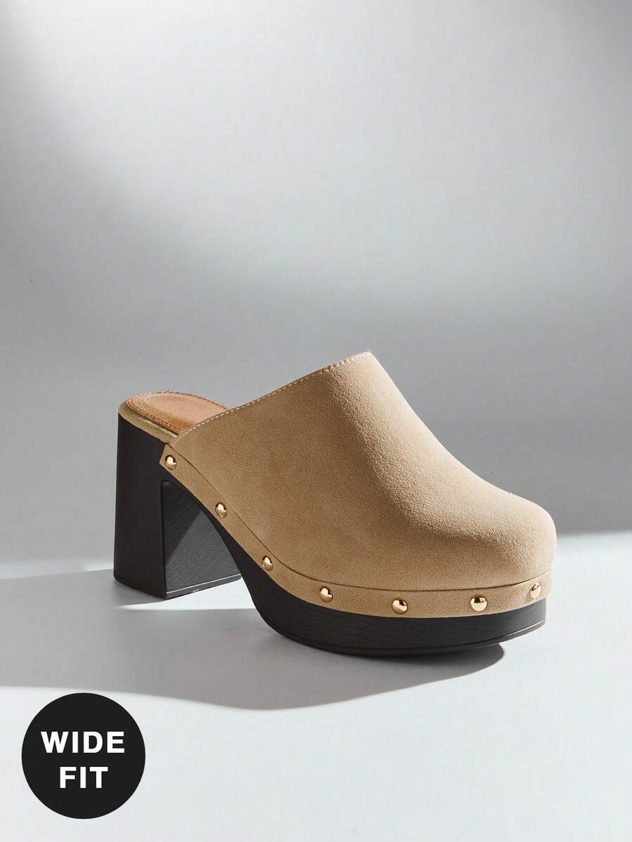 SHUZIA Women's Wide-Fit Studded Platform Clog Mules – Retro Chunky Heel, Comfy & Chic. - Beige - View 1