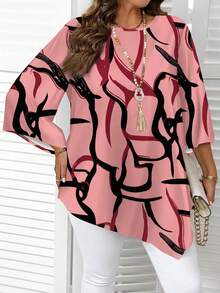 EMERY ROSE Plus Size Summer Casual All-Over Print Asymmetric Hem Shirt - Coral Pink - View 4