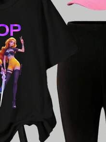 少女K-Pop明星及粉丝图案休闲舒适黑色短袖T恤和黑色喇叭裤套装 - 黑色 - 查看 5