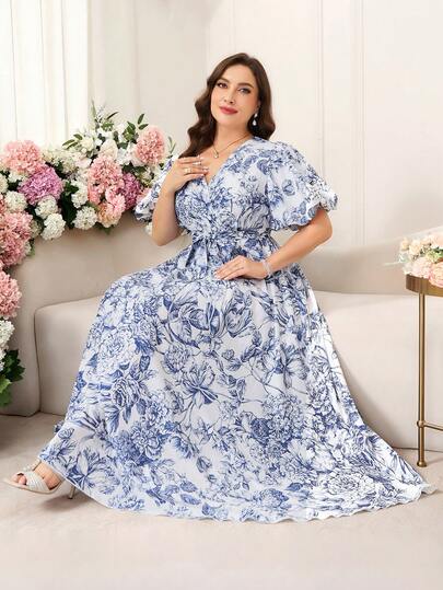 Reflora Plus Size Women's Dresses, Spring/Summer Elegant Floral Print Short Sleeve Maxi Dress, Blue & White, Flowy V-Neck Long Dress Carnival Costume Carnival Women Look 2026 Women Carnival Costume Carnival Outfit Carnival Costume For Women Women's Carnival Costume Summer Outfits For Women Summer Clothes Summer Vacation Outfits Summer Outfits For Woman Summer Clothes Women Elegant Dresses For Women Elegant Dress For Women Elegant Dresses For Party Elegant Dress Women High-Quality Dress Floral Dress Floral Dresses For Women Flower Shirts Suitable For Various Occasions, Such As: Commuting To Work, Casual Wear At Home, Going For A Walk, Visiting Neighbors And Friends, And Shopping.