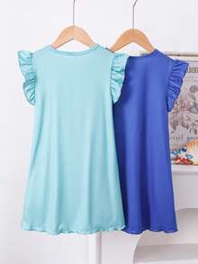 2pcs/Set Young Girl' Cap Sleeve Frill Trim Casual Nightgown & Loungewear Set, Spring/Summer - Multicolor - View 2