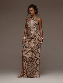 MUSERA Slinky Animal Print High Neck Open Back Fitted Maxi Dress Spring Summer Holiday Vacation Beach Ibiza Festival Party Elegant Divinity - Multicolor - View 1