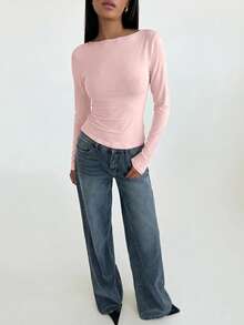 Aloruh Lace Patchwork Backless Long Sleeve Fitted Cropped Top For Women - Baby Pink - View 2