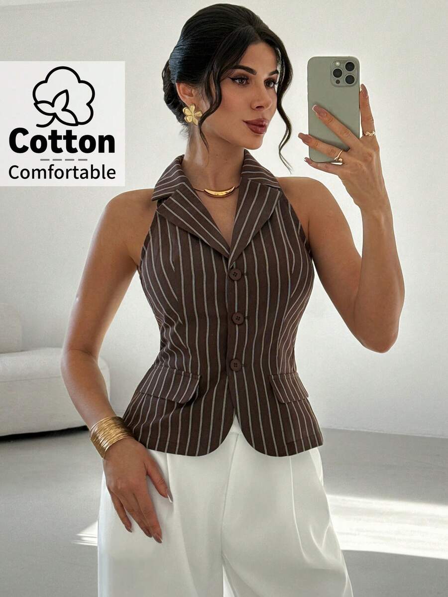 Firerie Women's Elegant Minimalist Commuter Urban Chic Casual Daily Fashion New Retro Lapel Brown Striped Waist Sleeveless Blazer Vest - Brown - View 1