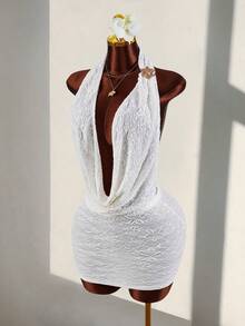 Amplova Women's Plunging Neckline Backless Sexy Bodycon Halter Mini Dress - Apricot - View 4