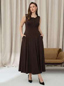 Auralis Plus Size Chocolate Brown Summer Smart Casual Vacation Holiday Solid Color Minimalist Sleeveless Dress,Everyday Button Down Long Dress With Pockets - Coffee Brown - View 6