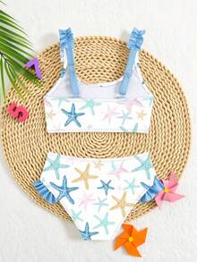 Sparklyn Young Girl Starfish Print Ruffle Trim Bikini Set - Multicolor - View 2