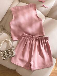 SHEIN 2件套女童夏季新款无袖背心，斜襟设计，弧形下摆，休闲衬衫和短裤套装 - 粉色 - 查看 2