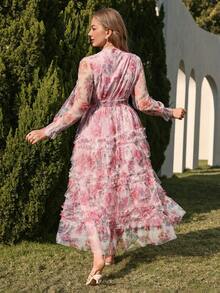 Elenzga 新款网纱印花连衣裙，适合晚宴、约会、下午茶、生日、婚礼等场合，松紧腰设计，大码休闲连衣裙 - 粉色 - 查看 2