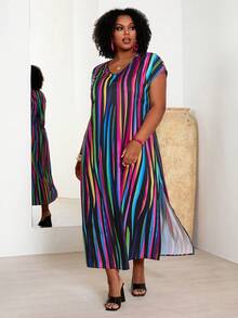 BrightlyHer Vestido largo de playa con rayas y bloques de color reflectivo para mujeres de talla grande, para vacaciones de verano - Multicolor - Ver 4