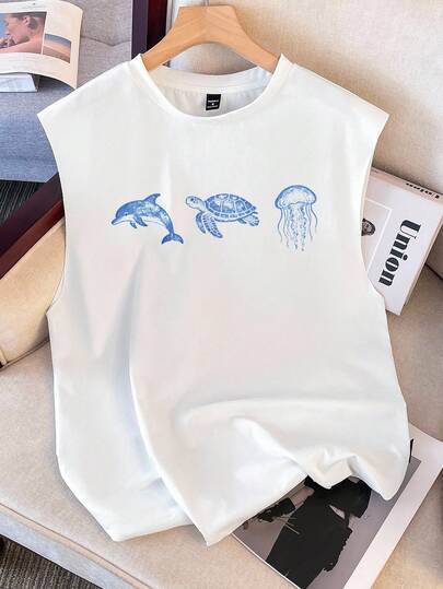 Manfinity Joysei Camiseta de tirantes blanca casual de talla grande para hombres con estampados de delfín, tortuga y medusa, adecuada para vacaciones y salidas de ocio