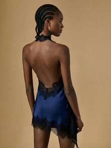 Briarwyn Blouse d'été sexy pour femmes avec contraste de dentelle, ourlet asymétrique, col ras-du-cou et dos nu - Bleu marine - Voir 7