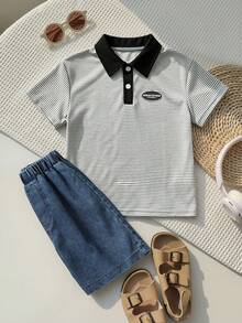 SHEIN 男童夏季休闲条纹针织Polo衫和松紧腰牛仔短裤两件套 - 黑與白 - 查看 1