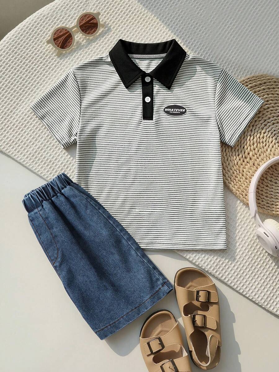 SHEIN 男童夏季休闲条纹针织Polo衫和松紧腰牛仔短裤两件套 - 黑與白 - 查看 1