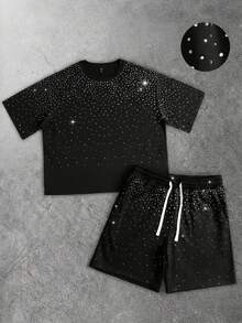 ROMWE MEN Street Life Men's Rhinestone Decor Round Neck Short Sleeve T-Shirt And Drawstring Waist Shorts Set - Black - View 1