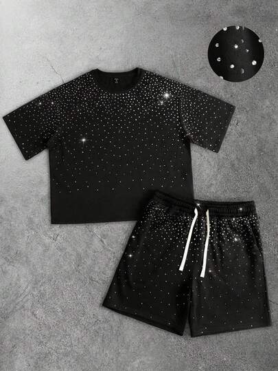 ROMWE MEN Street Life Set da uomo composto da maglietta a maniche corte con collo rotondo decorata con strass e pantaloncini con vita con coulisse