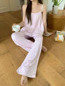 DAZY Women's Summer Ditsy Floral Ruched Camisole And Pants Pajama Set - Pink - View 8