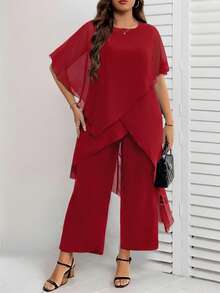 Reflora Plus Size Summer Elegant Solid Color Asymmetric Hem Top And Pants 2 Pieces Set - Burgundy - View 1
