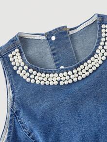 Sweetra Women's Casual Faux Pearl Beaded Round Neck Sleeveless Bodycon Denim Dress, Summer - Light Wash - View 3