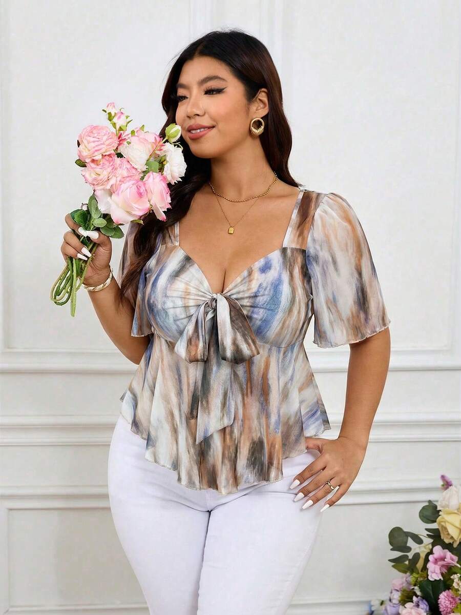 SHEIN Frenchy 大码优雅扎染心形领短袖T恤，夏季 - 彩色 - 查看 1