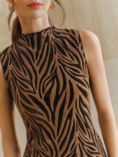 Anewsta Elegant Champagne Color Turtleneck Textured Silver-Gold Pleated Sleeveless Fitted Tank Top For Women