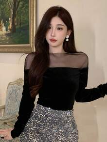 Dazy Tall 女士圆领丝绒网纱拼接修身优雅套头衫 - 黑色 - 查看 6