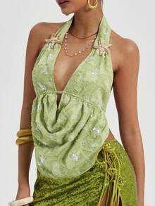 Coolane Women's Spring/Summer Chic Vacation Outfits Sequin Floral Sparkly Green Cowl Neck Backless Tank Tops - Green - View 1