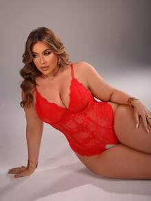 SpicyHot Plus Size Red Lace Crotchless Bodysuit Lingerie For Women,Summer Curve Bow Decor Sheer Teddy Set,Body Suit - Red - View 3