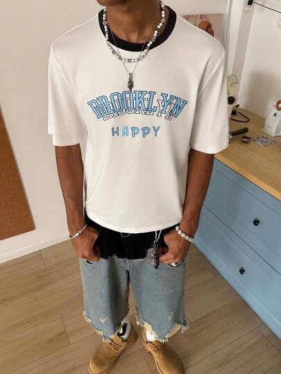 STEELVANCE 男士休闲度假通勤字母印花撞色滚边圆领短袖T恤，夏季