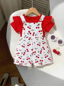 SHEIN 女婴可爱休闲百搭樱桃图案连体衣，夏季 - 白色 - 查看 1