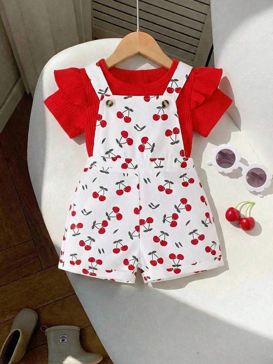 SHEIN 女婴可爱休闲百搭樱桃图案连体衣，夏季 - 白色 - 查看 1