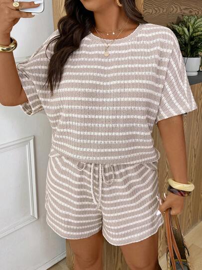 SHEIN Frenchy Plus Size Summer New Striped T-Shirt And Shorts 2 Pieces Set Two Piece Lounge Set Summer Lounge Set Comfortable Two Piece Set Casual Two Piece Set Short Sleeve Lounge Set Spring/Summer Outfit Sets For Women Casual Vacation Sets For Women