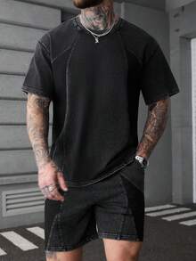 SLATEMANN Men's Solid Color Round Neck Short Sleeve Casual Minimalist Summer Versatile T-Shirt Set Mens Tee Shirts - Black - View 1