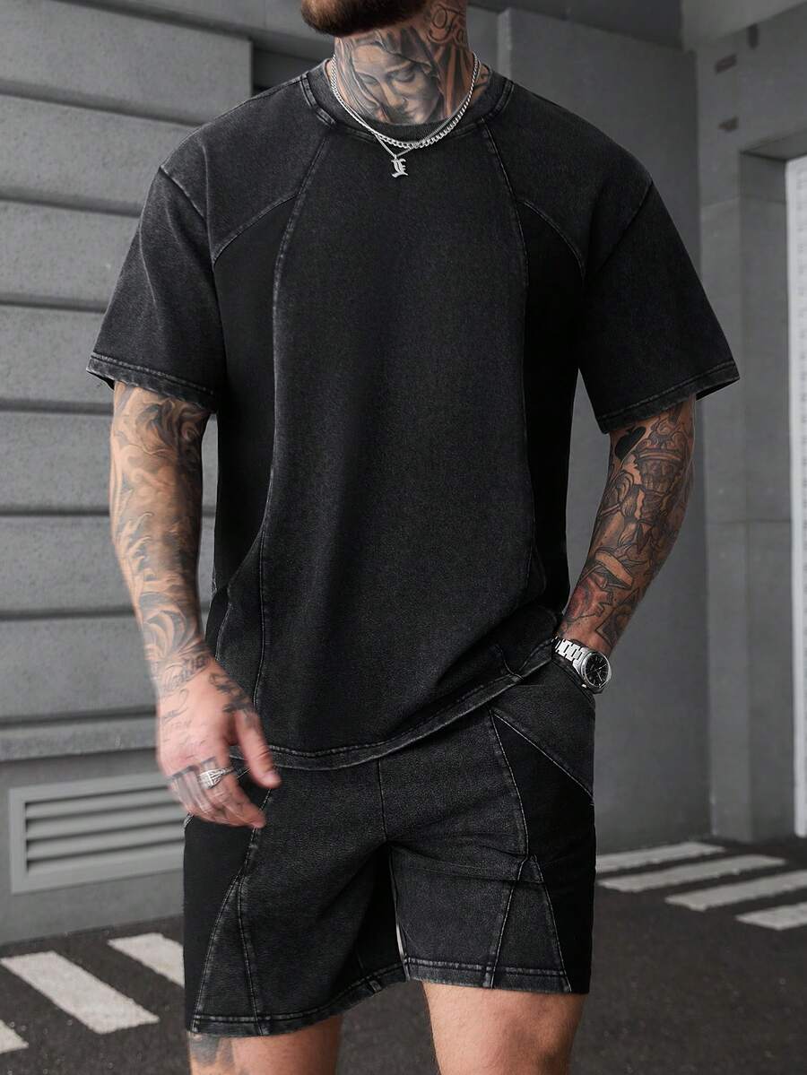 SLATEMANN Men's Solid Color Round Neck Short Sleeve Casual Minimalist Summer Versatile T-Shirt Set Mens Tee Shirts - Black - View 1