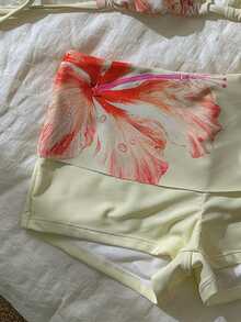 Swim Vcay 女士泳装比基尼，可爱芙蓉花夏季印花，黄色度假比基尼平角泳裤，内置胸罩的露脐背心吊带泳衣，适合度假、海滩、花园婚礼宾客穿着，优雅套装，适合女士派对度假，都市海滩波西米亚风，2026春夏沙滩装 - 粉色 - 查看 8