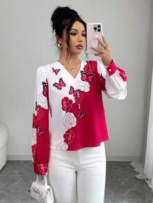 Elenzga 女士蝴蝶图案印花紫红色长袖衬衫，优雅适合春夏假期穿着 - 彩色 - 查看 6