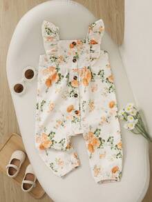 SHEIN Playful Pals Pelele sin mangas con cuello cuadrado, volantes y estampado floral para bebés y niñas pequeñas, adecuado para salidas de primavera/verano, vacaciones y uso diario - Amarillo - Ver 3