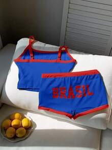 Comfortcana Set Atasan Tanpa Lengan dan Celana Pendek Super Pendek Warna Bendera Brasil - MultiWarna - View 2