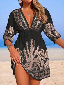 Swim Lushoire 女士沙滩装夏季网纱印花V领修身腰身优雅度假连衣裙罩衫 - 黑色 - 查看 4