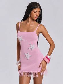 ROMWE Avant Women's Casual Vacation & Date Starfish Pattern Pearl Knit Slip Dress - Pink - View 1