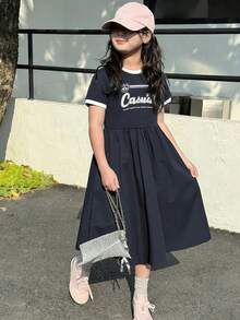 DAZY Girls Casual Round Neck Printed Short Sleeve Dress, Fall - Navy Blue - View 6