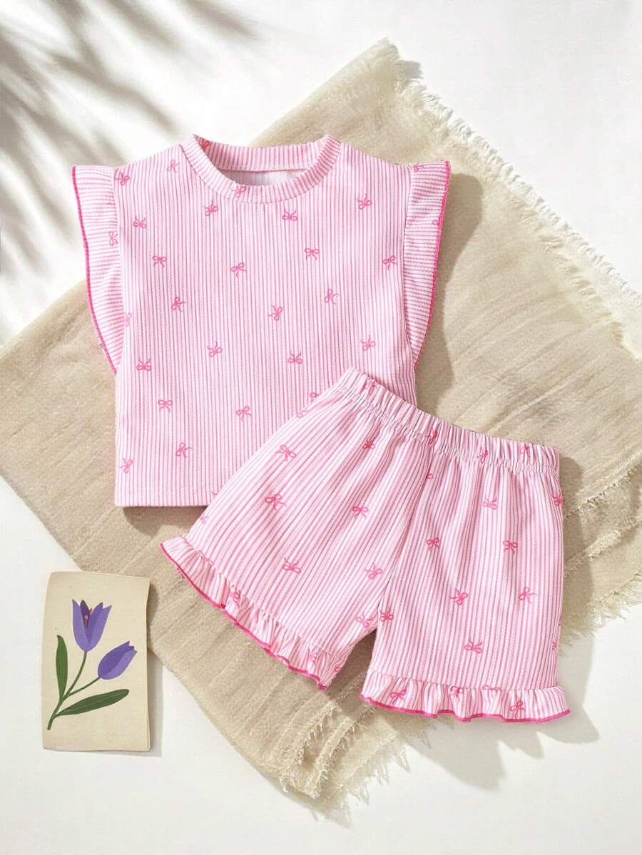 SHEIN Playful Pals 2件套女婴幼儿0-3岁春夏休闲日常度假针织黑白条纹荷叶袖圆领T恤和短裤套装 - 粉色 - 查看 1