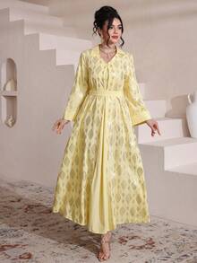 Al Najma Bata de lujo con parches de unicolor y lámina de oro, estilo turco - Amarillo - Ver 3