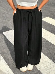 SHEIN EZwear 2件套加大码女式宽松裤，橄榄绿和黑色 - 墨綠色 - 查看 5